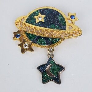 Vtg Signed Newpro Gold Tone Stars Moon Saturn Green Glitter Enamel Pin Brooch